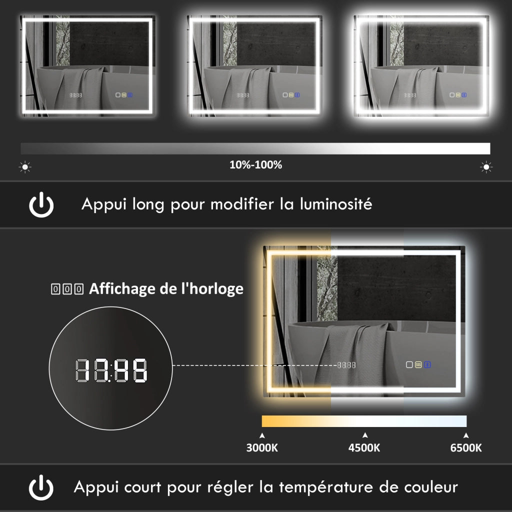 Specchio Bagno LED 80 x 100 cm con Bluetooth Antiappannamento Interruttore Touch Luce Regolabile 3 Colori Argento