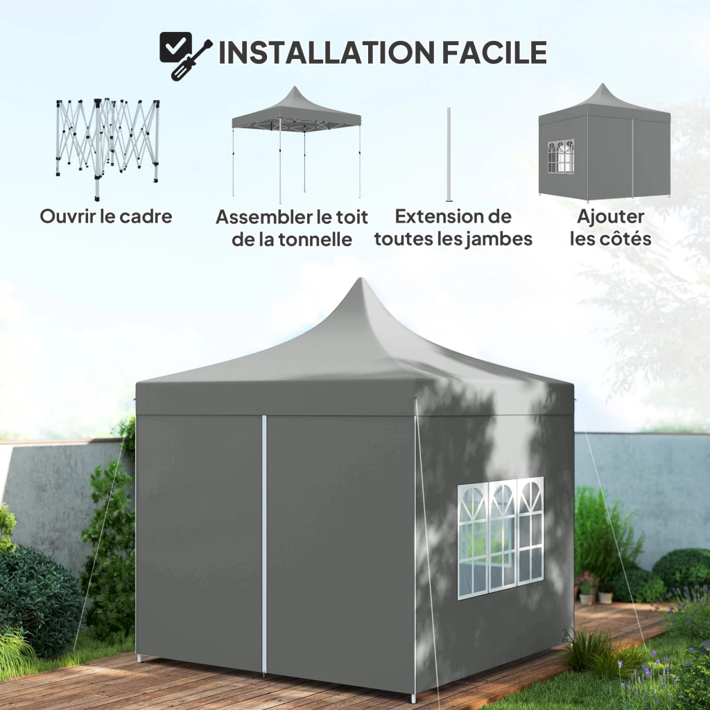 Gazebo pieghevole da giardino 3 x 3 m grigio con 4 pareti rimovibili 3 finestre altezza regolabile e borsa di trasporto