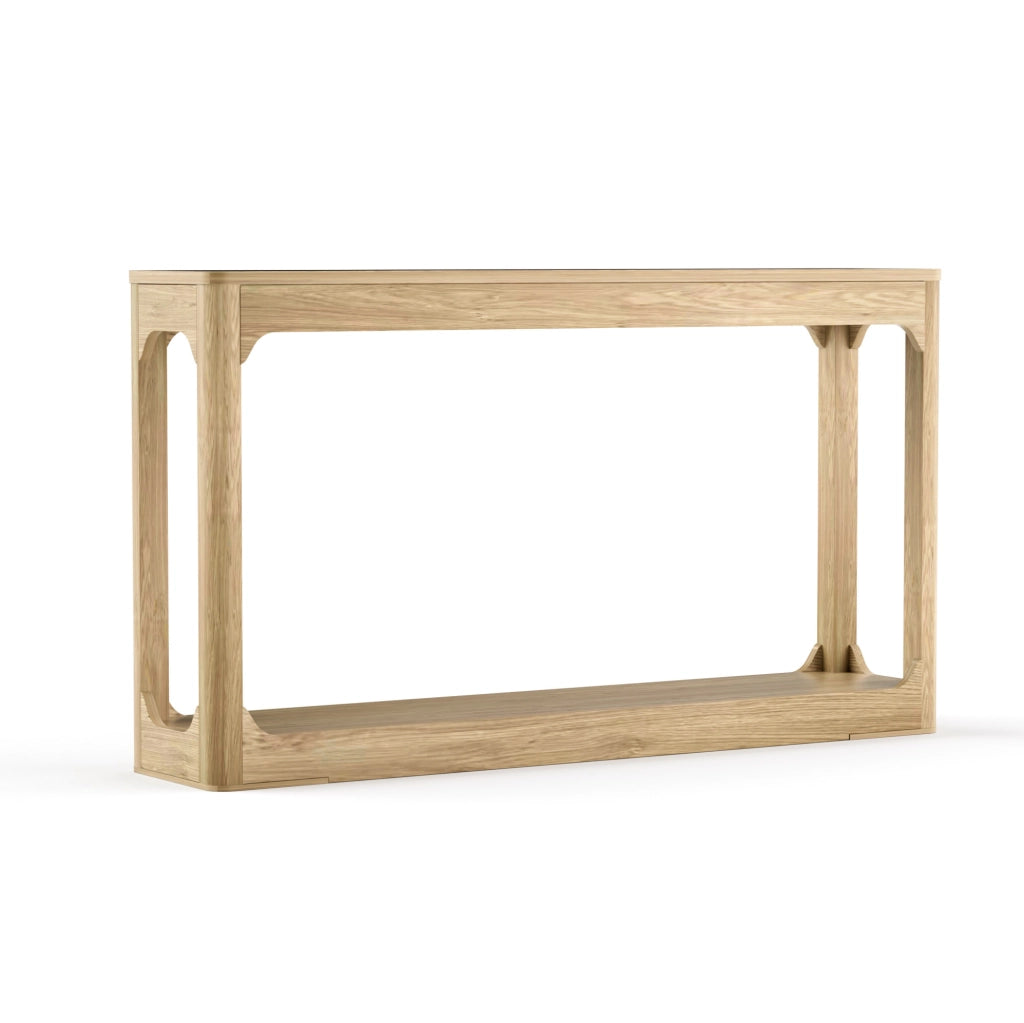 Tavolo consolle stretto 140 cm con ripiani aperti in MDF naturale HOMVRA