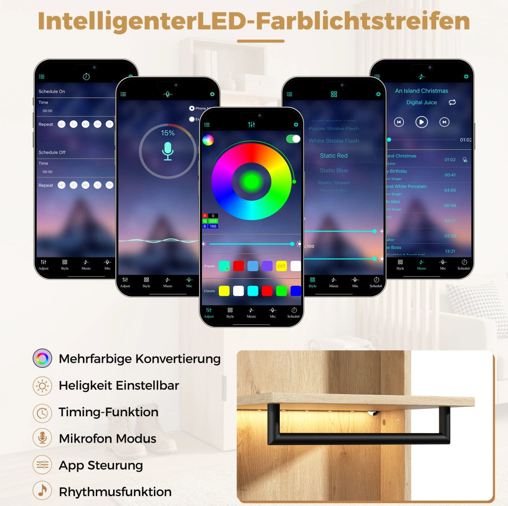 Set guardaroba con LED, appenderia, cassetto porta gioielli e 2 ripiani in MDF effetto quercia 45x47x200 cm per ingresso e soggiorno
