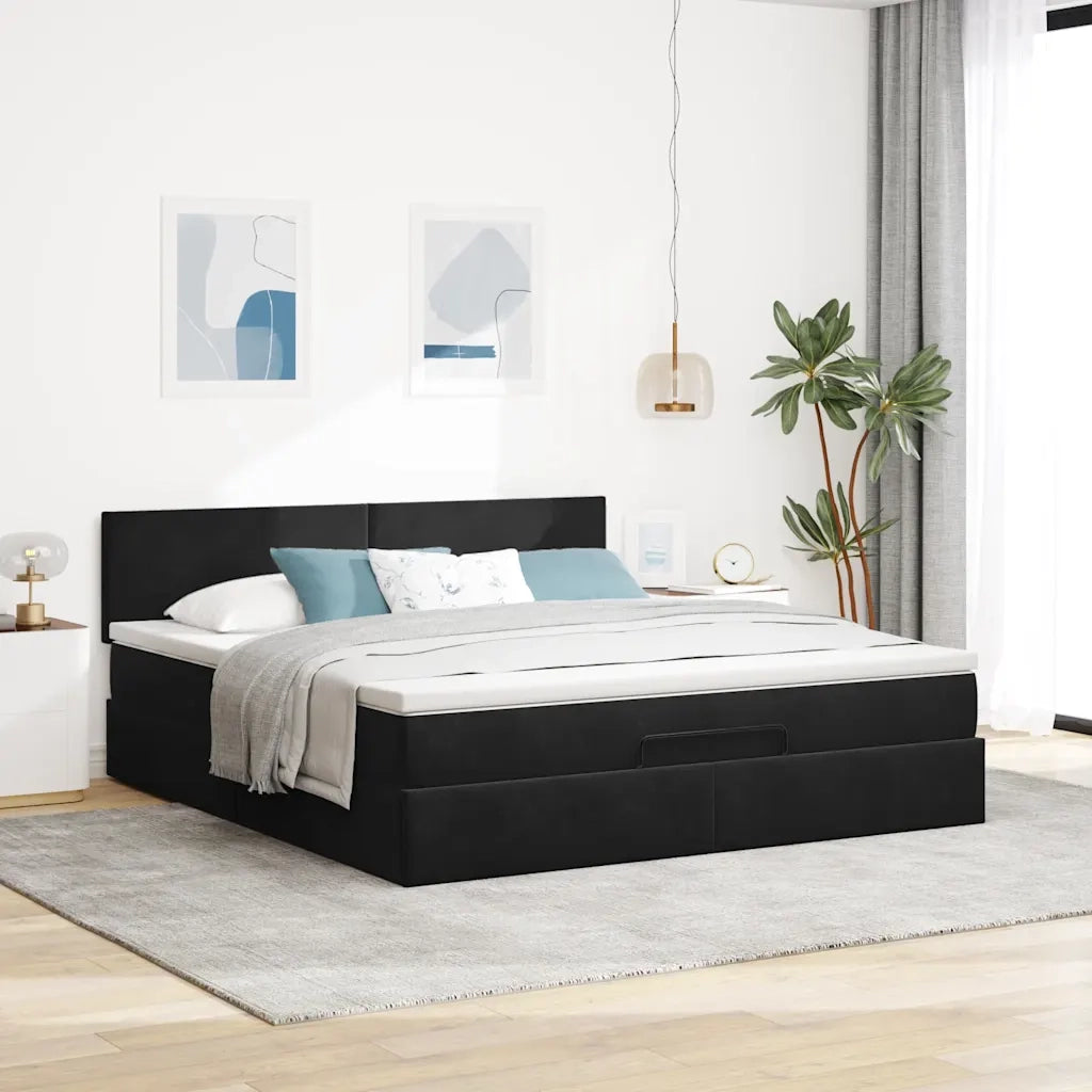 Struttura Letto Pouf con Materasso Nero 160x200 cm in Velluto 3311713