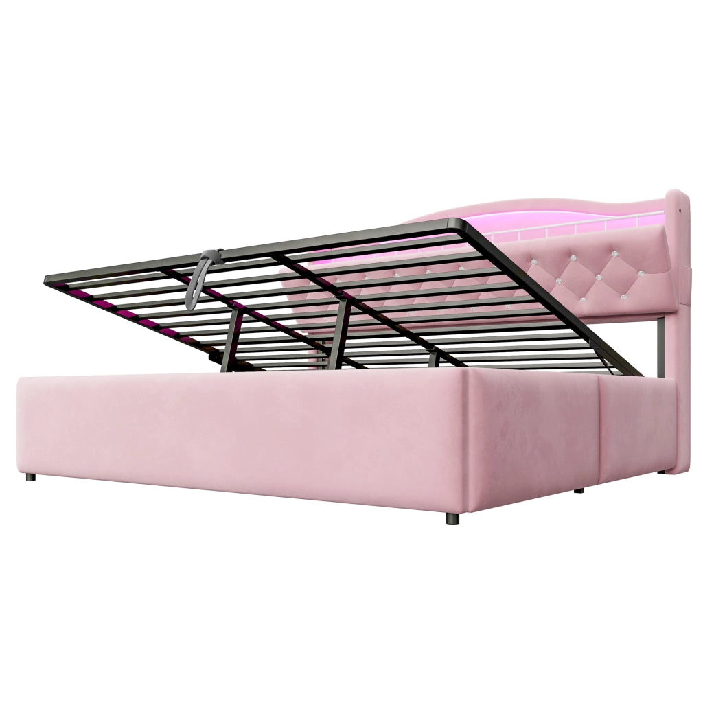 Letto Matrimoniale 180x200 cm con Contenitore Idraulico; Rivestimento in Velluto Rosa e Testiera LED con USB