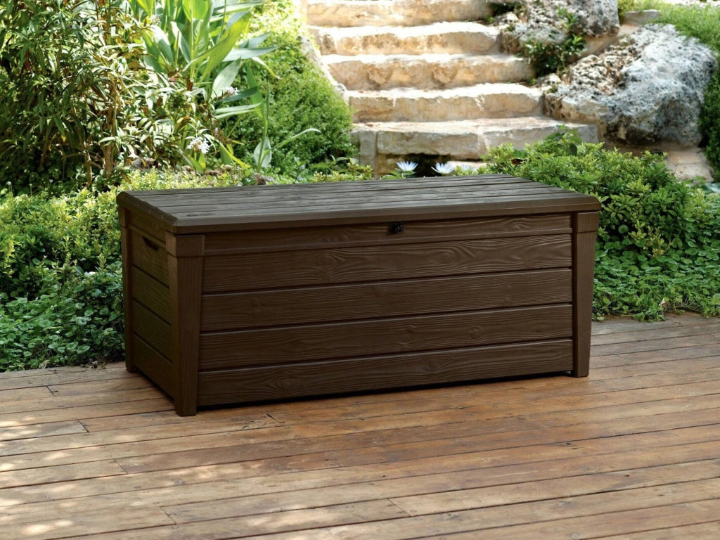Cassapanca outdoor Wawa, Baule da giardino, Contenitore da esterno, Panchina contenitore da esterno, 145x70 h60 cm, Marrone