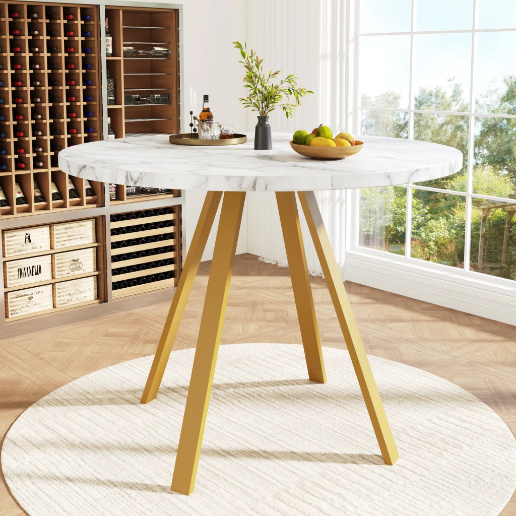 Tavolo da pranzo rotondo per 4 persone con gambe in metallo; in MDF; bianco effetto marmo e oro 80×80×75 cm