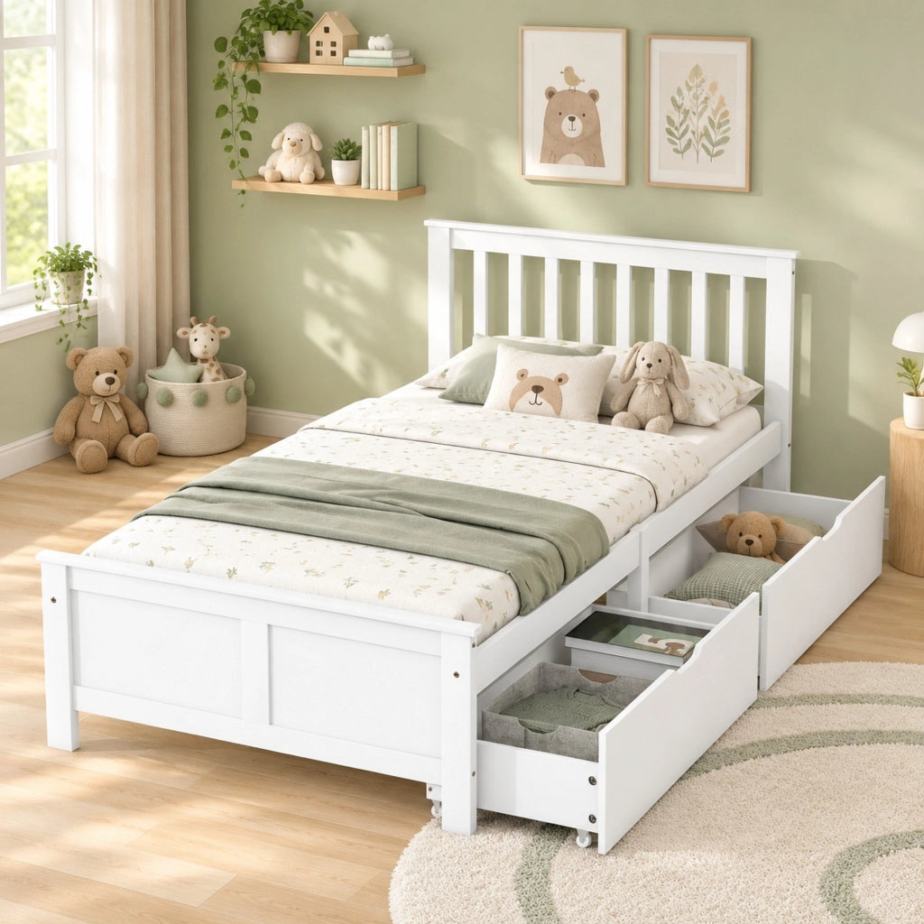 Letto singolo in pino bianco 90x200 cm con 2 cassetti e rete a doghe