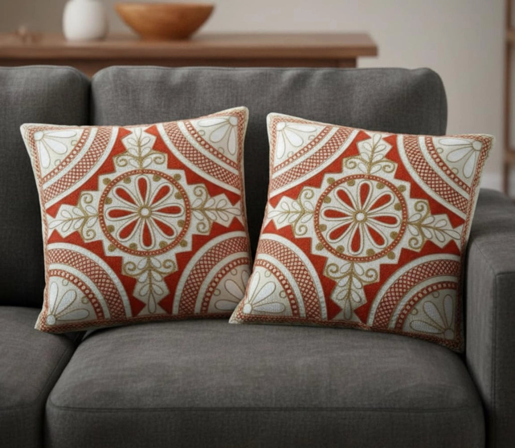 Set di 2 federe per cuscini, in cotone, ricamate, 40x40 cm, design etnico