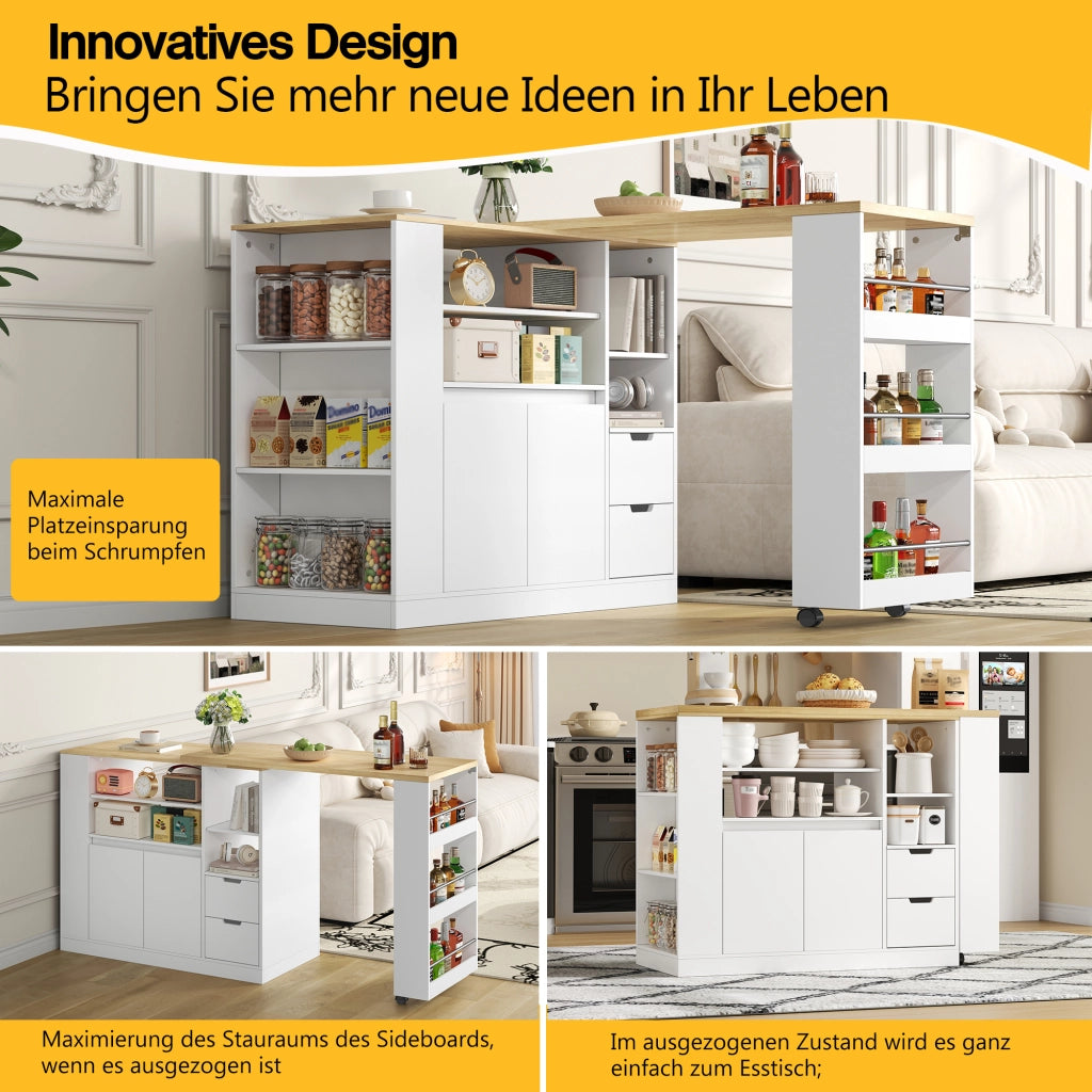 Mobile isola cucina con piano girevole estraibile due cassetti ripiano a tre livelli MDF bianco naturale 115 × 50 × 92 cm