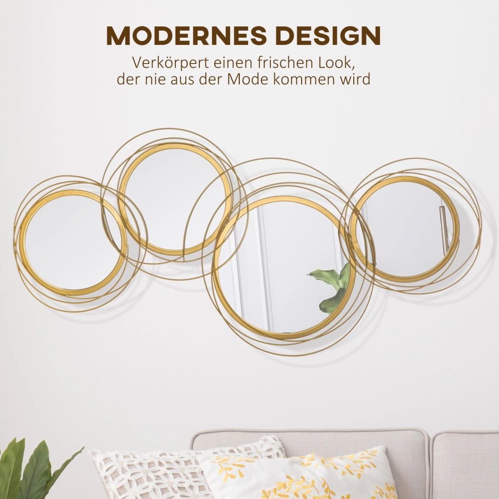 Decorazione da parete con 4 specchi rotondi in metallo dorato 107 × 56 cm per soggiorno e camera da letto