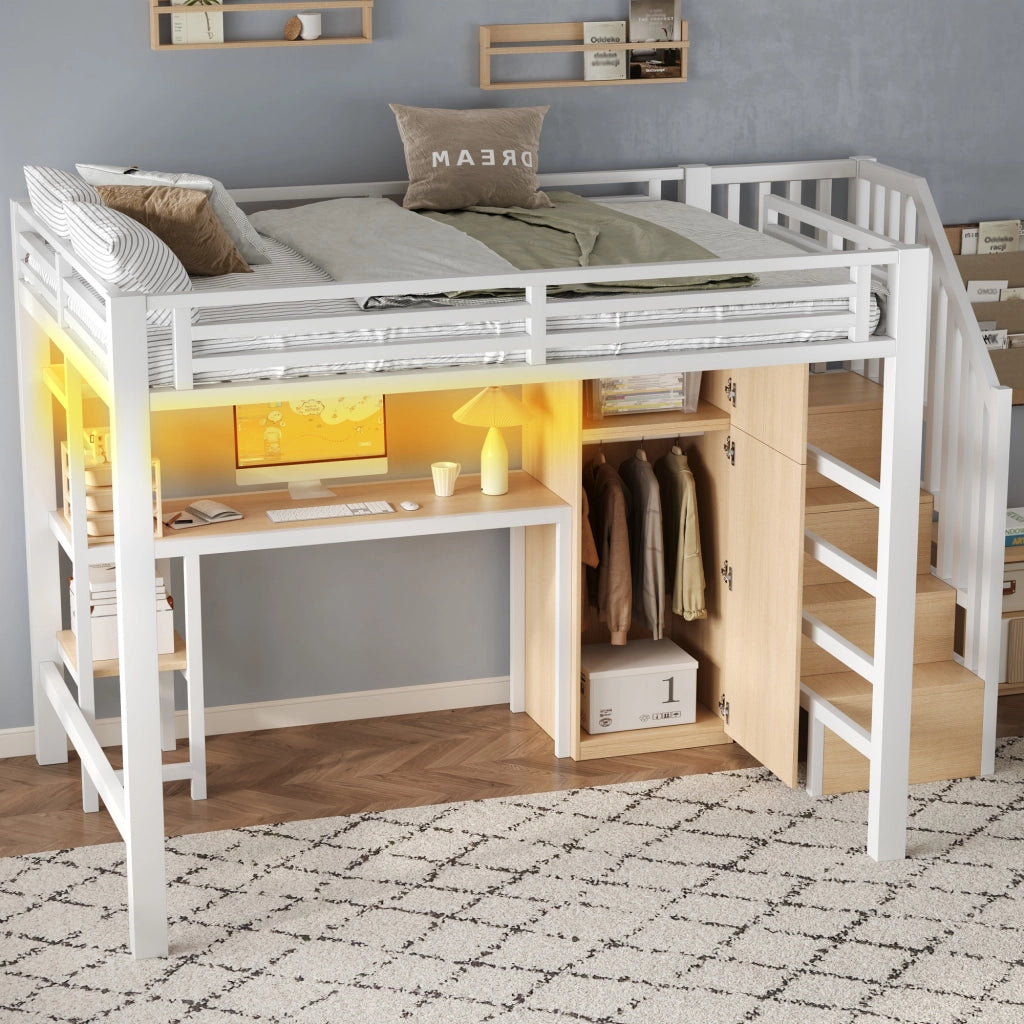 Letto a Soppalco 140x200 cm con Scrivania; Armadio; Mensola LED; Scala - Bianco