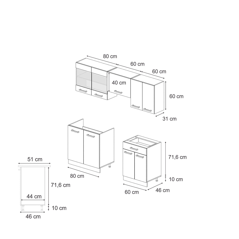 Vicco Cucina componibile Nero lucido/bianco 200 cm , PL Rovere