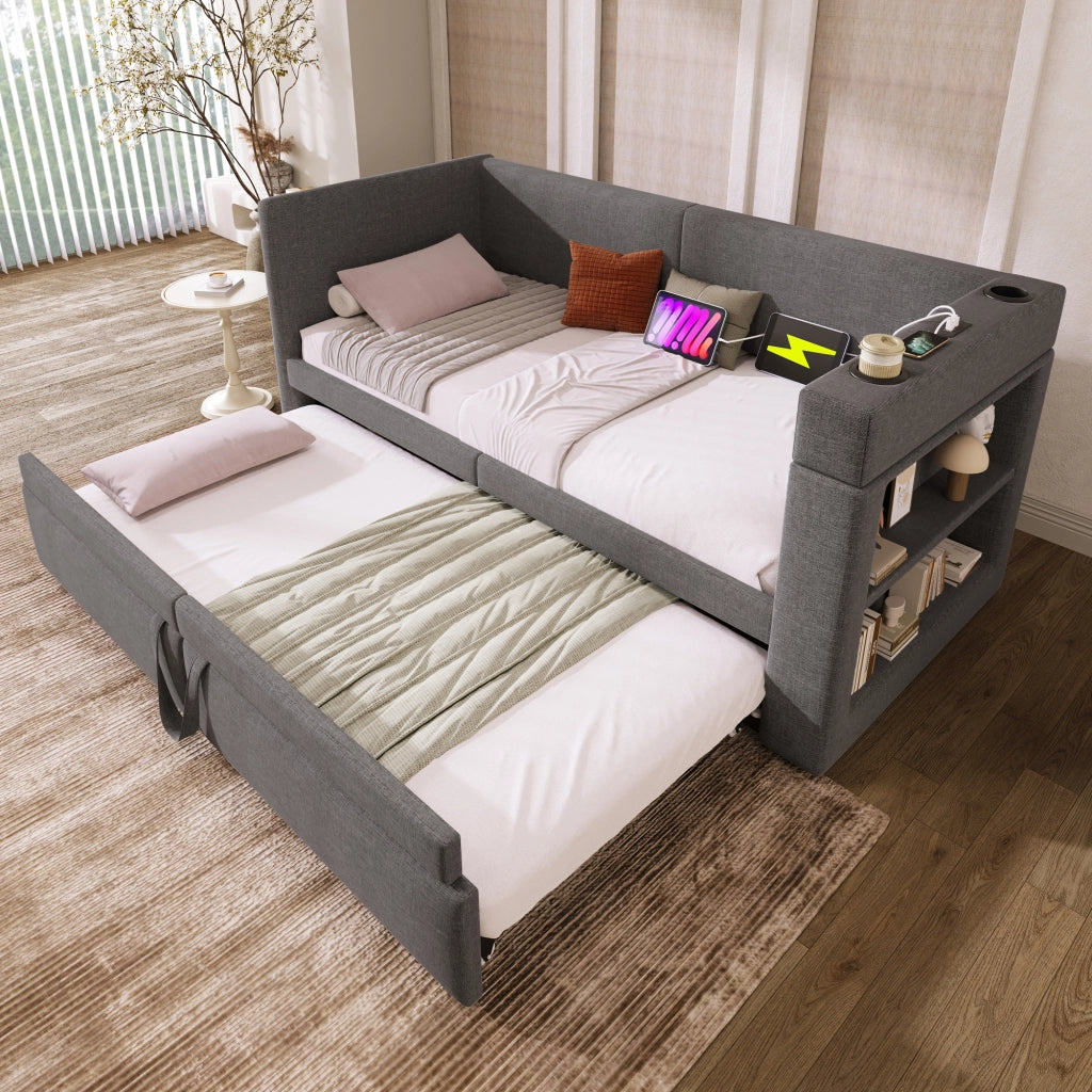 Letto con letto estraibile 90 × 200 cm con ricarica USB e Type-C portabevande rivestito in cotone e lino grigio