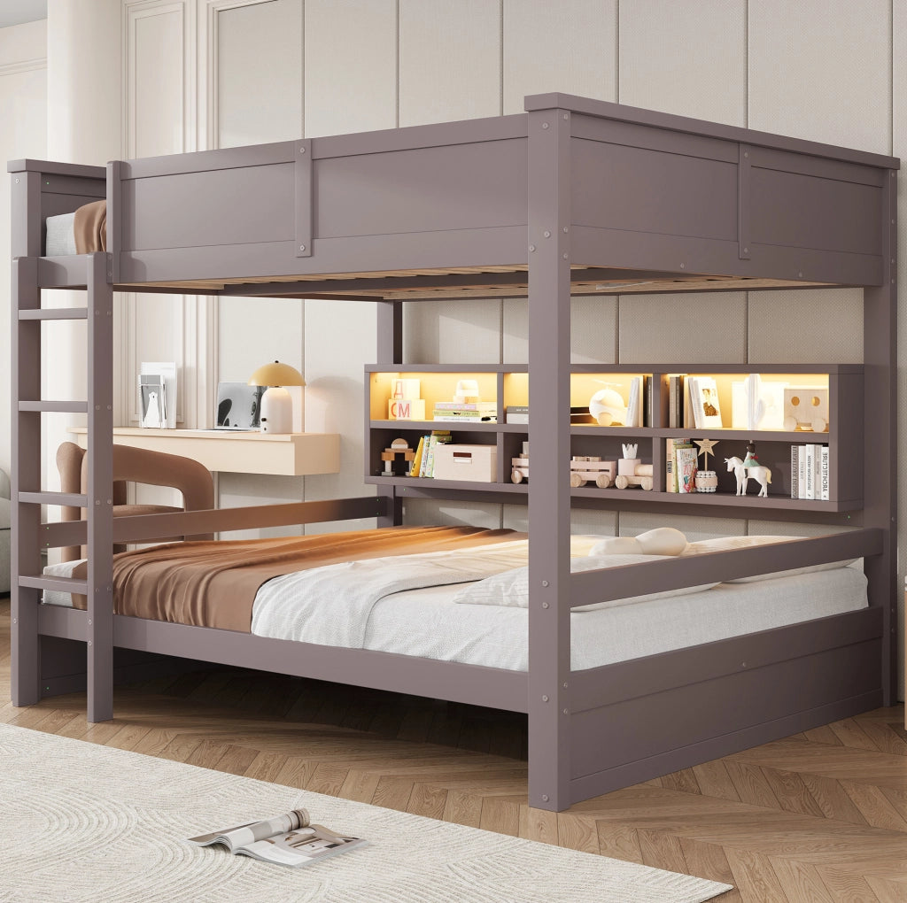 Letto a castello 160x200 cm con armadietti contenitori e illuminazione LED, marrone