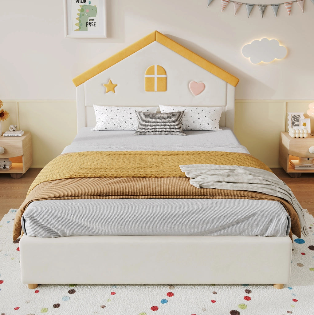 Letto per bambini 140x200 cm con struttura a casa, imbottito in velluto beige, con 4 cassetti contenitori