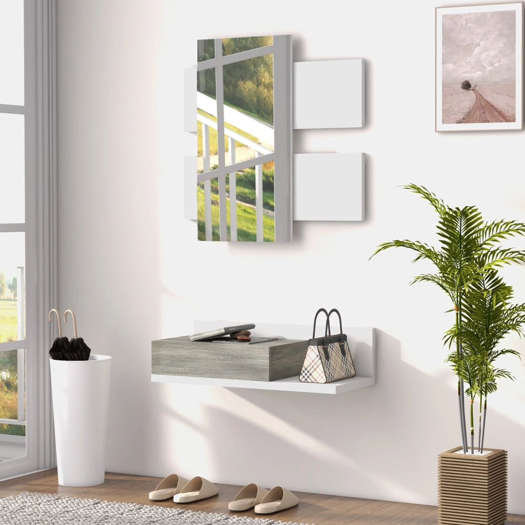 Mobile Ingresso con Specchio e Cassetto ¨C zephmum ¨C Grigio e Bianco 75x3.5x75 cm