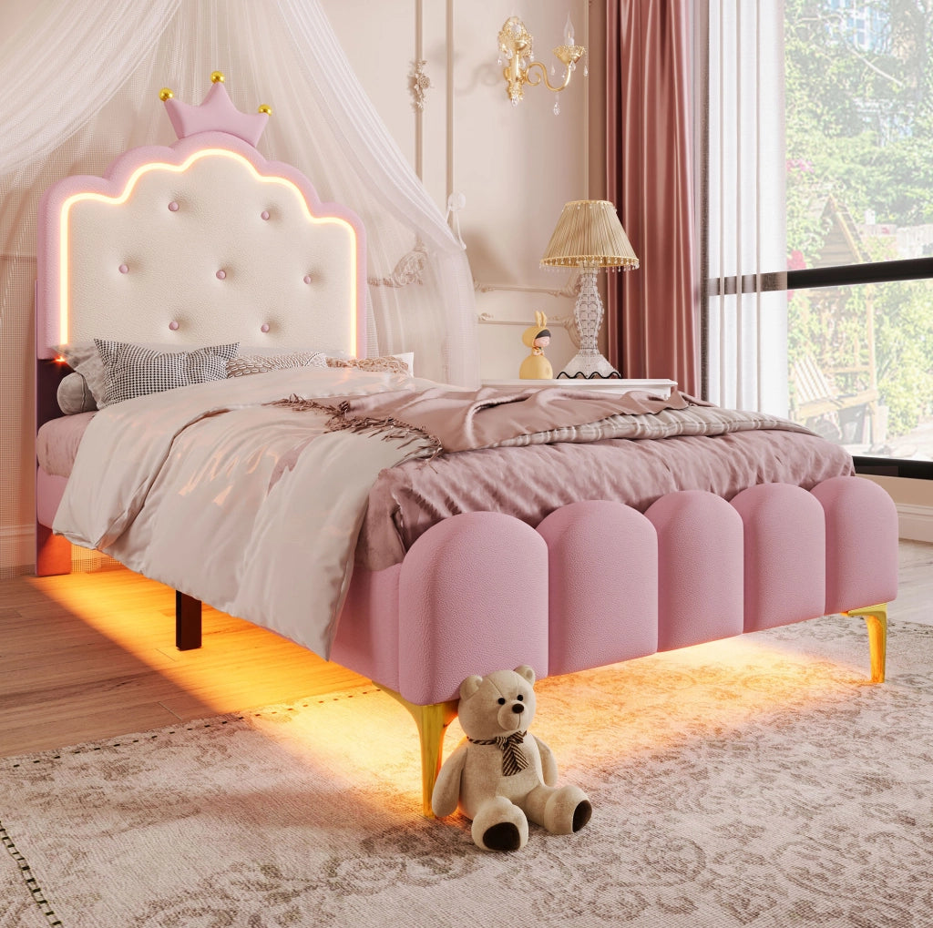 LETTO Principessa 90x200 cm in PU Rosa con luci LED
