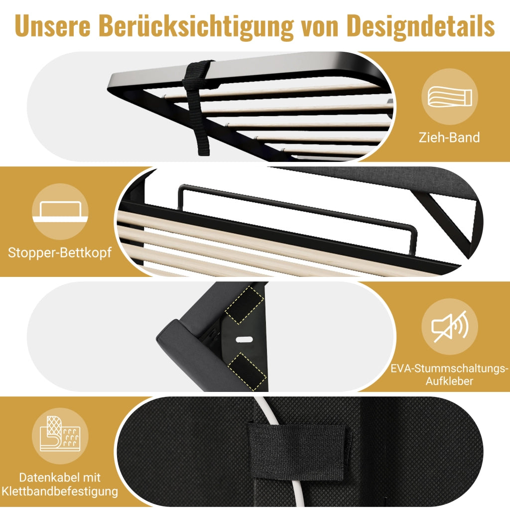 DESMIU Letto contenitore 160 × 200 cm 2 posti con LED, USB, Type C, senza materasso, grigio