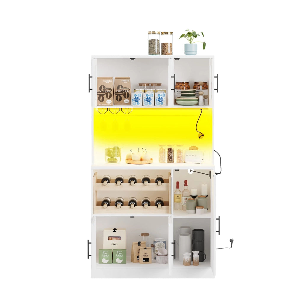 Dispensa da cucina bianca 100x40x180 cm con ante in vetro, LED RGB e presa elettrica, portabicchieri e scaffale vino, mobile alto moderno