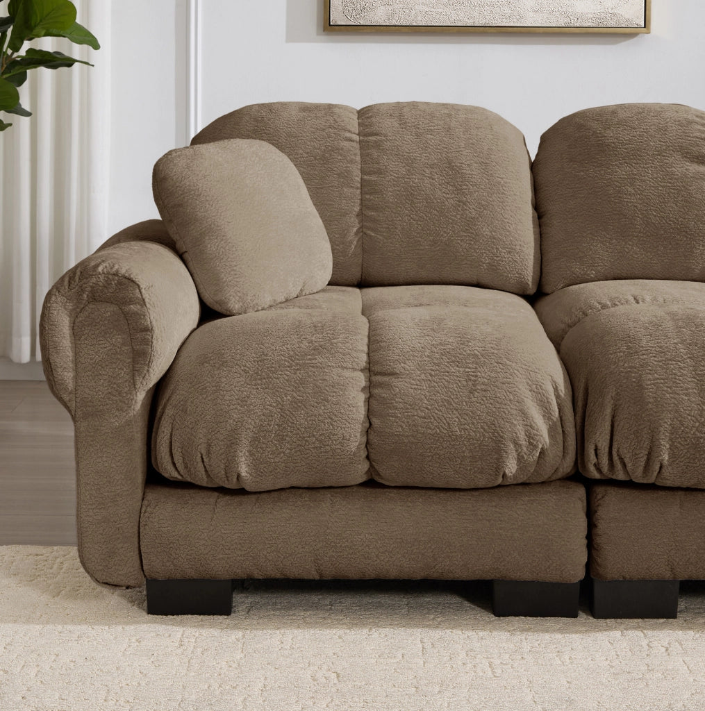 Divano a 3 posti a U in tessuto chenille marrone con pouf mobile e 2 cuscini decorativi