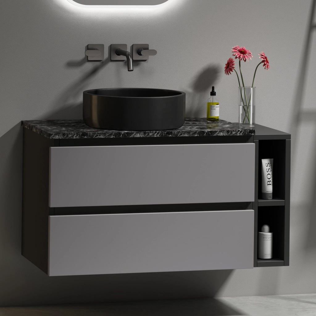 MOBILE BAGNO LAVABO 80 cm Nero/Grigio in MDF con lavabo in ceramica, Set da 2 pezzi