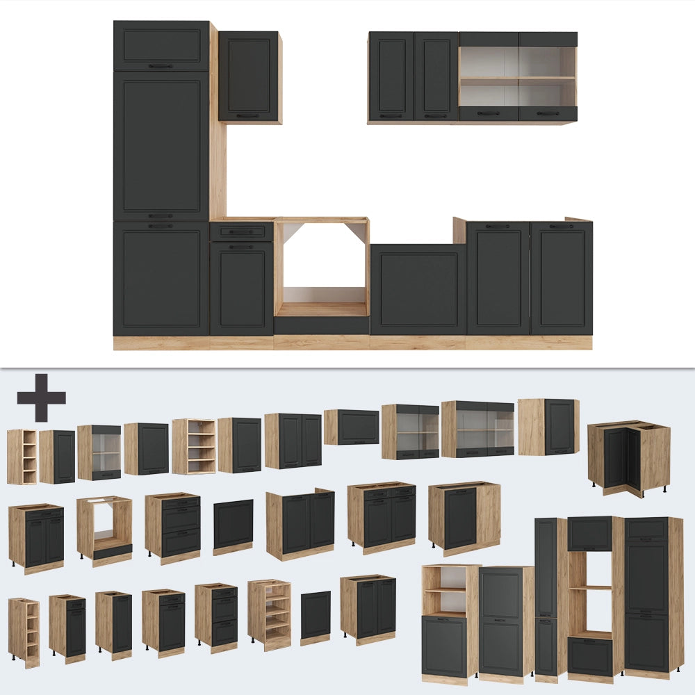 Cucina componibile R-Line Antracite rustico/Rovere dorato 300 cm, PL Rovere Vicco