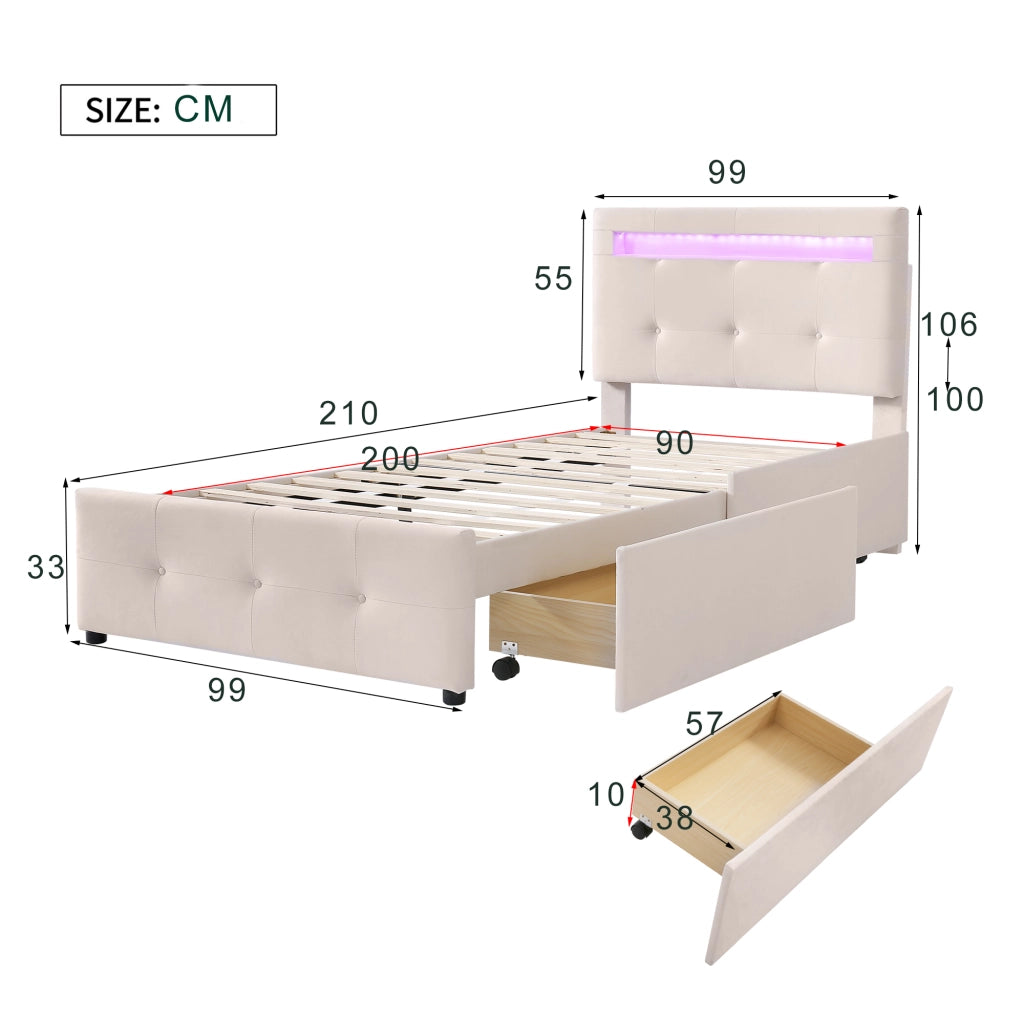 Letto Singolo 90x200 Imbottito Beige con Luci LED e 2 Cassetti Rivestimento in Lino
