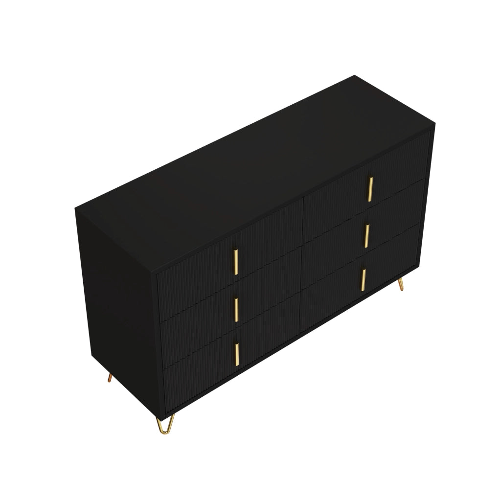Credenza moderna con 6 cassetti e superficie ondulata, per soggiorno e sala da pranzo, nero e oro, 120 × 40 × 77 cm