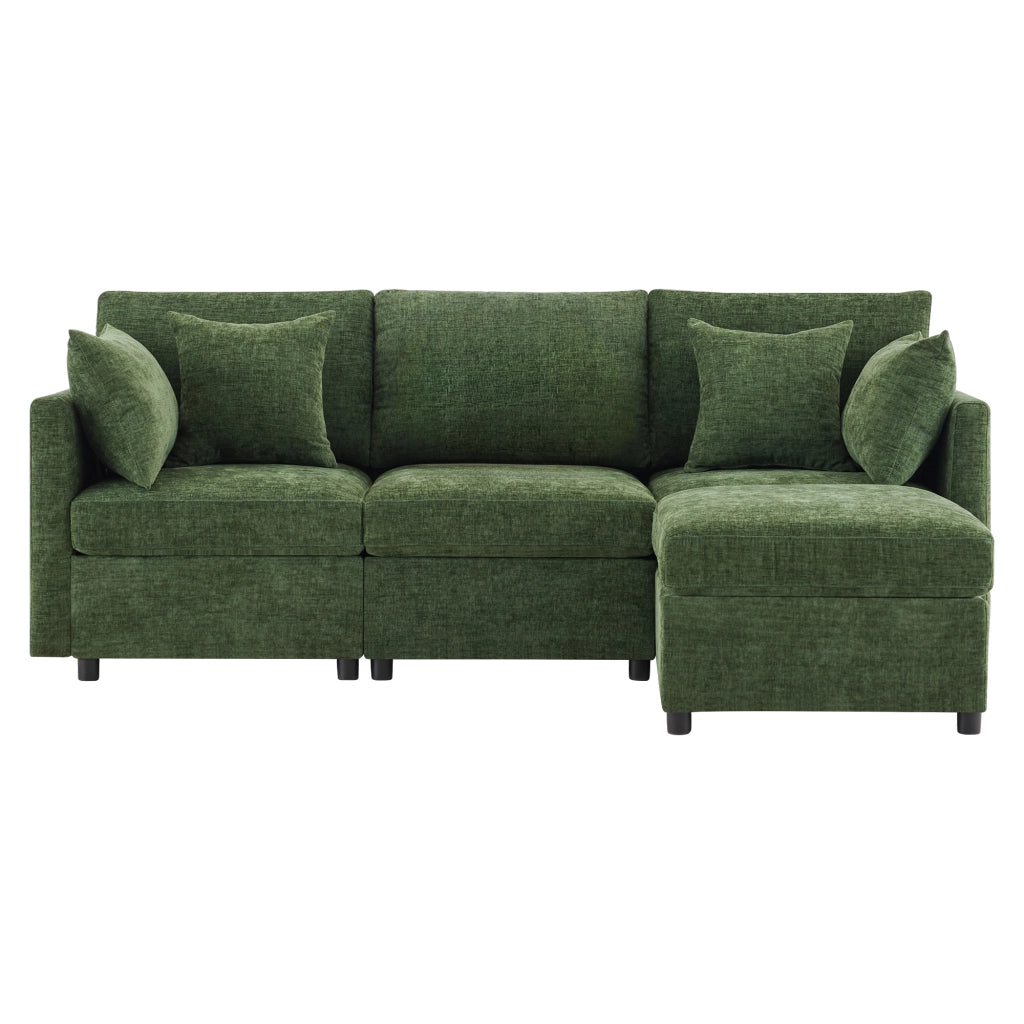 Divano modulare a L 216x161 cm con pouf mobile e 4 cuscini in ciniglia verde