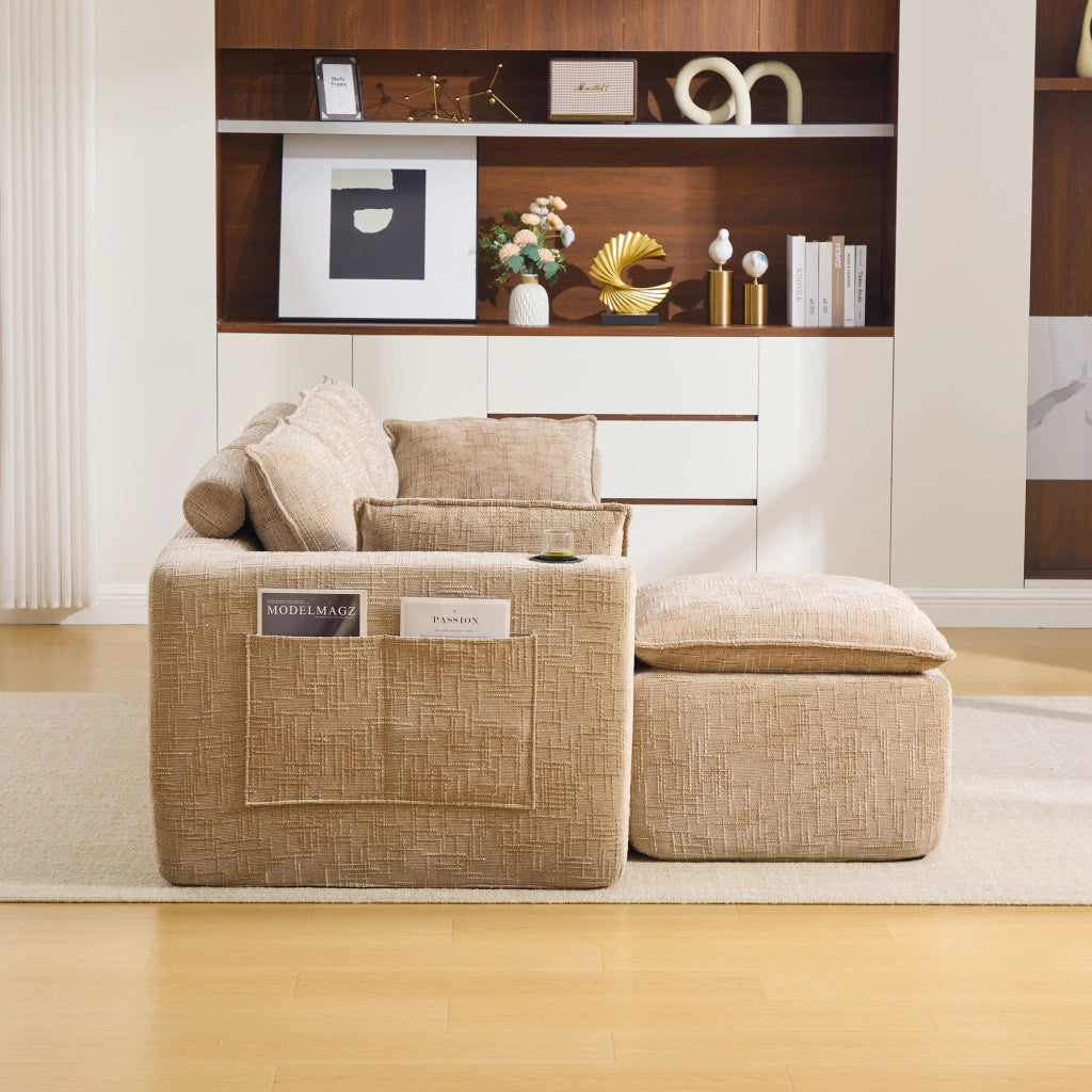 Divano modulare 3 posti con pouf; cuscini e tasche laterali; in chenille khaki
