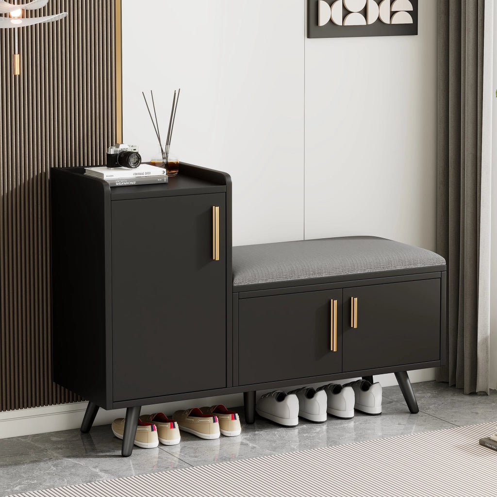 Scarpiera con seduta imbottita, 3 ante e ripiani regolabili, per ingresso, in truciolare nero, 100 × 34 × 68,5 cm