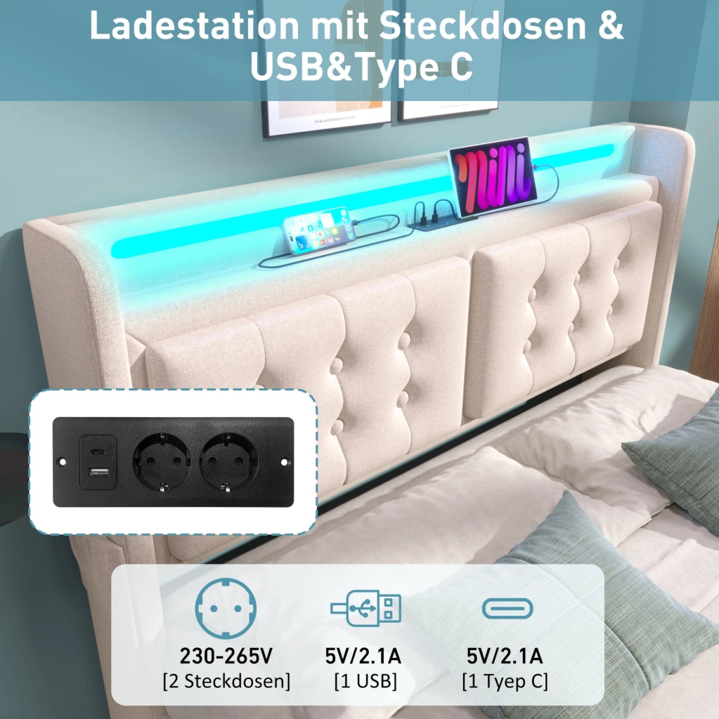 Letto matrimoniale 140x200 cm con LED; USB-C e contenitore; beige