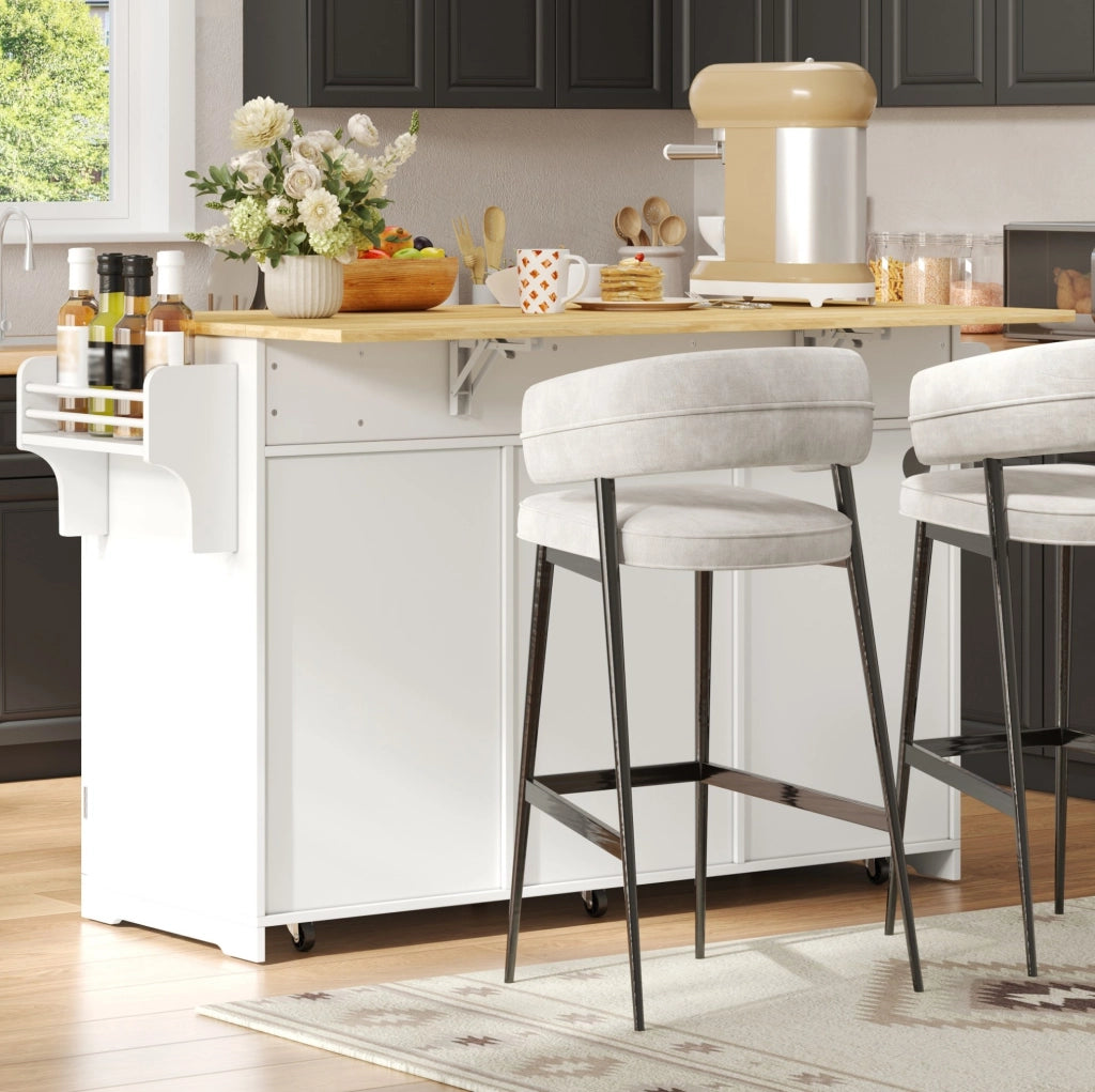 Isola cucina mobile 136x50(75)x92 cm con piano ribaltabile; prese USB e vano rifiuti HOMVRA