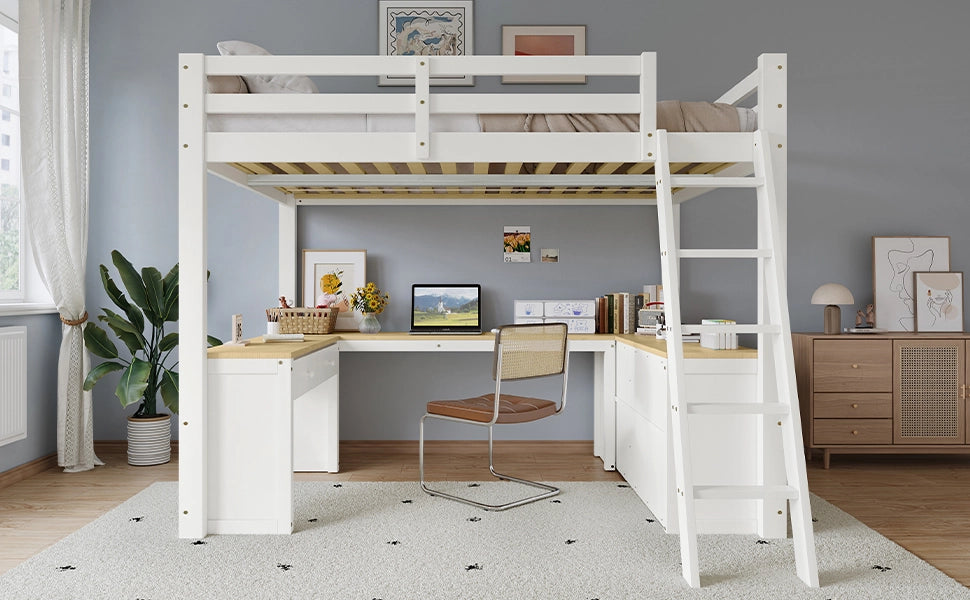 Letto a soppalco per bambini con scrivania a U; pino e MDF; bianco e naturale; letto 140x200 cm