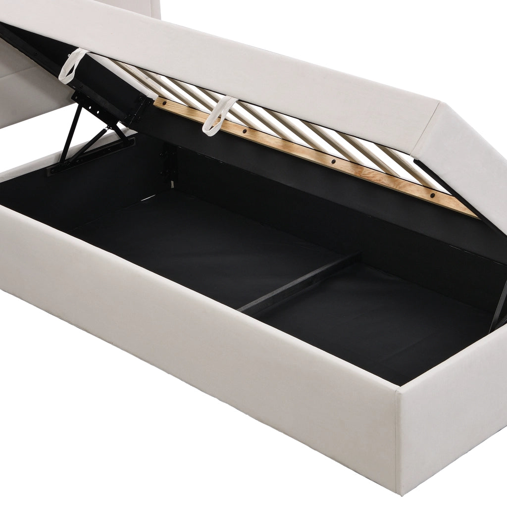 Letto Singolo 90x200 cm Contenitore con Rete a Doghe; in Legno Massello e MDF; Beige