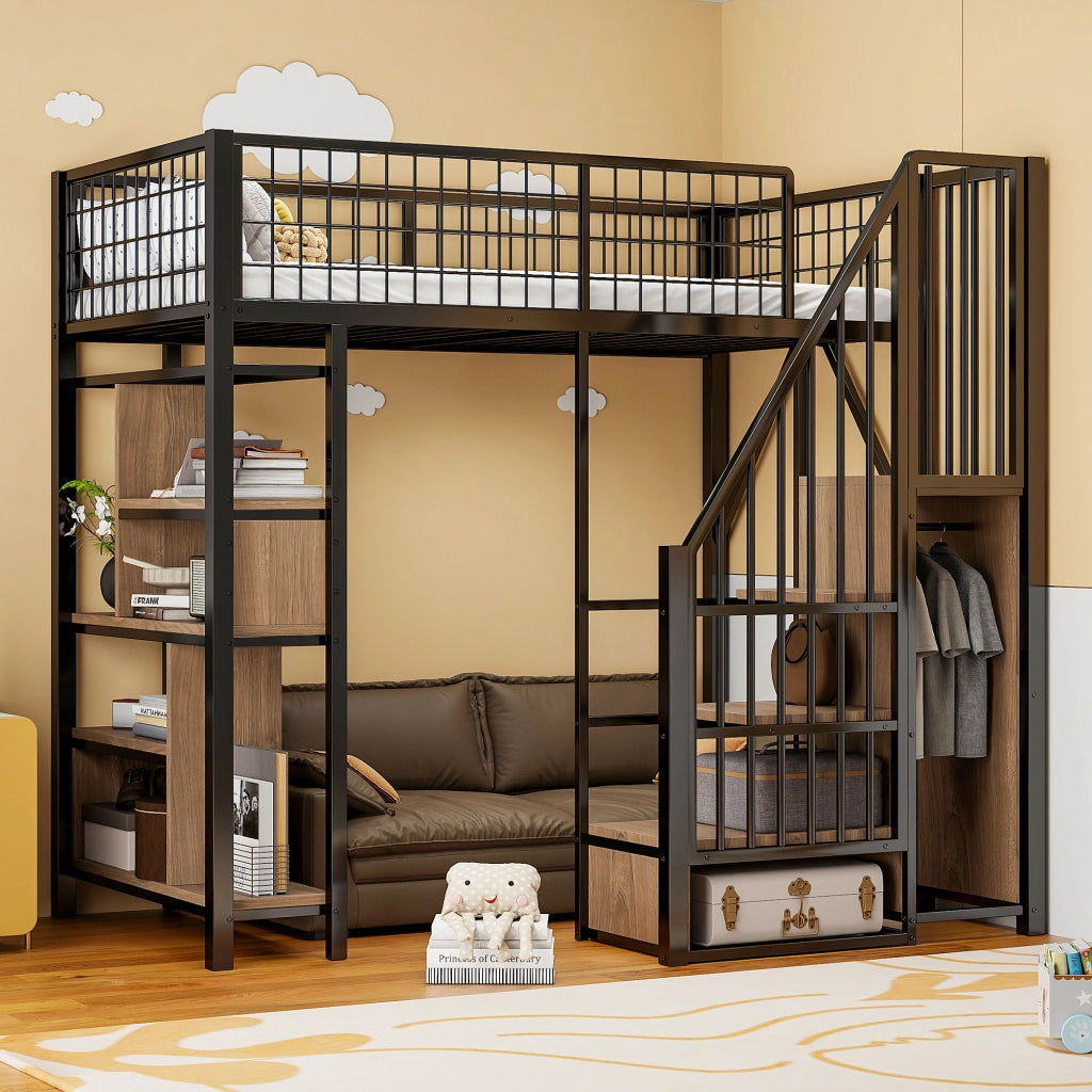 Letto a soppalco 90x200 cm con scala contenitore, struttura in metallo e legno, nero