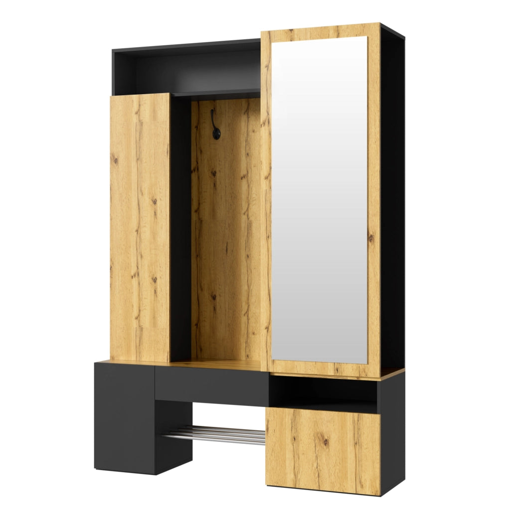 Mobile guardaroba da ingresso con scarpiera e specchio nero/naturale HOMVRA