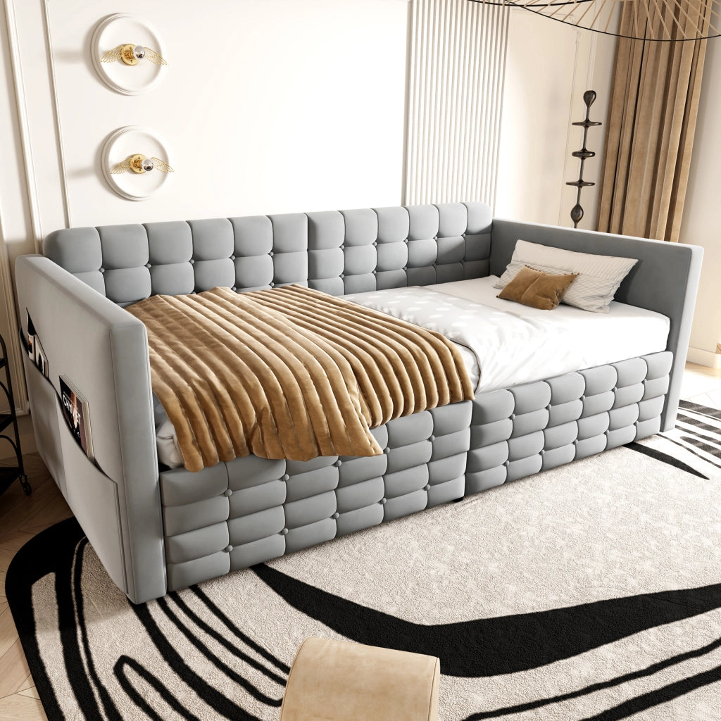 Letto con cassetti 90 × 190 cm imbottito con tasche laterali due cassetti e rete a doghe in velluto grigio chiaro