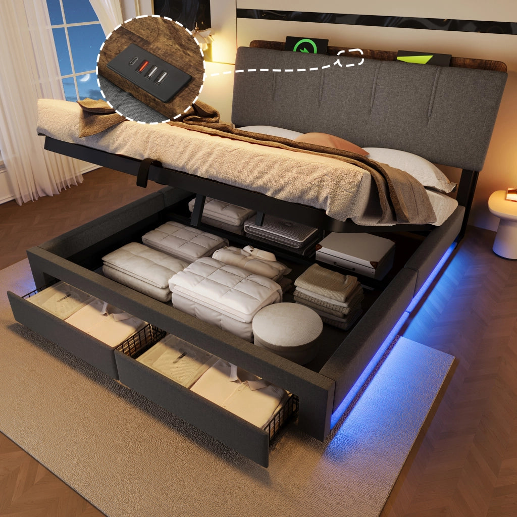 Letto contenitore 140 × 200 cm con vano idraulico cassetti laterali testiera imbottita USB Type-C LED grigio in lino