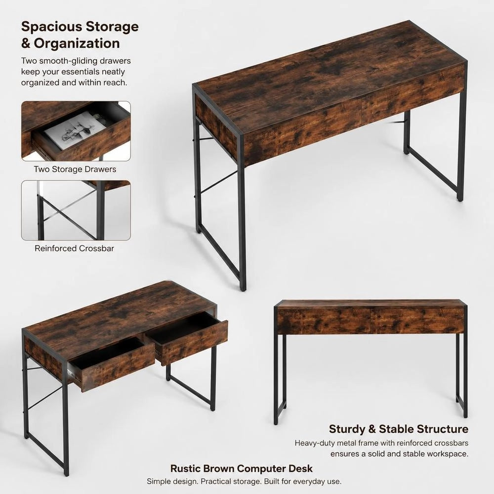 Computer Desk with 2 Drawers Vanity Table with Heavy-Duty Metal Frame-Rustic Brown