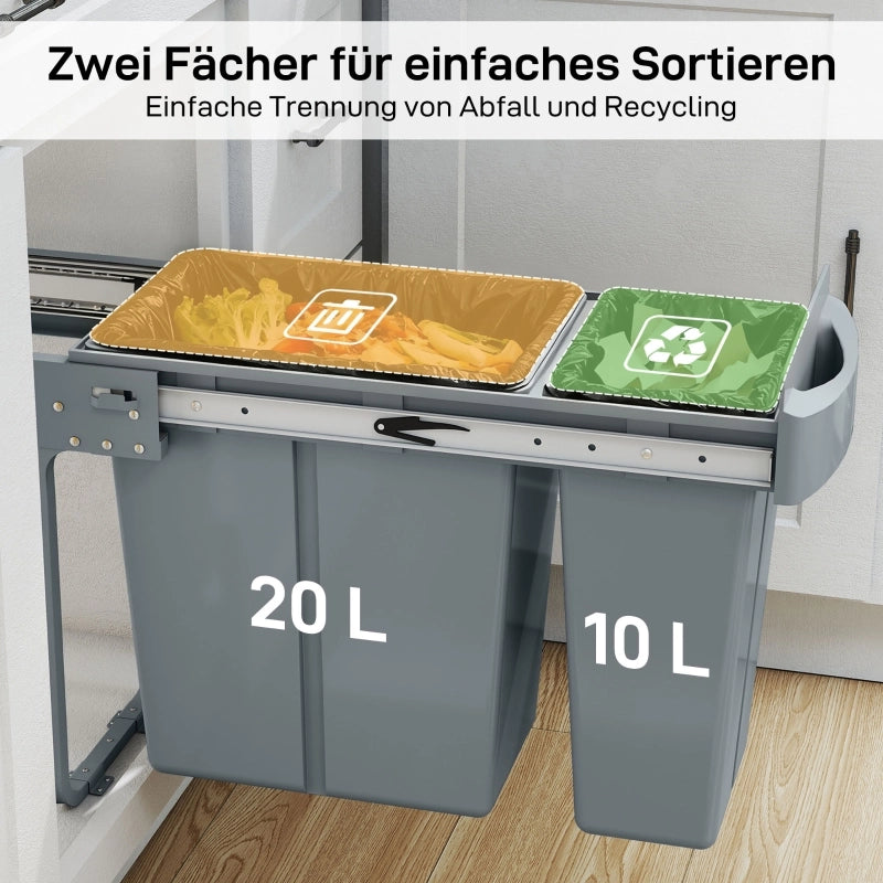 Pattumiera estraibile da incasso 30 l con 2 secchi 20 l e 10 l telaio in metallo grigia 52 × 26 × 40.8 cm