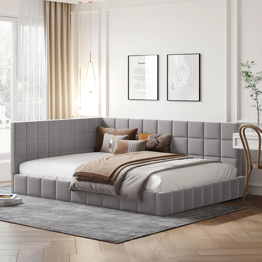 Divano letto 140x200, letto imbottito in velluto grigio con schienale e braccioli