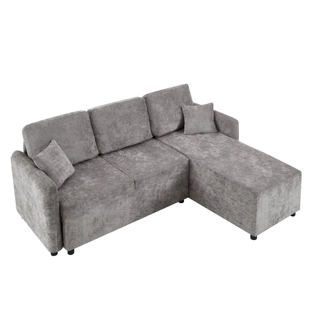 Divano angolare ULEVR 3 posti 187,5x144x85,5 cm con chaise longue, chenille grigio e 2 cuscini