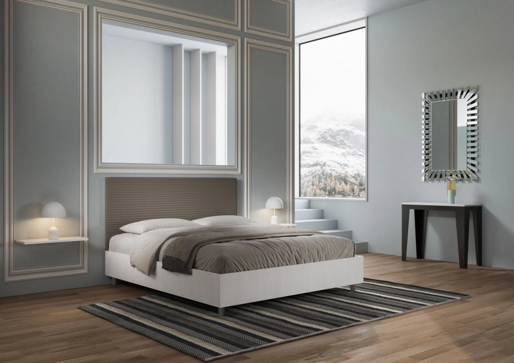 BS COM Letto matrimoniale contenitore 160x200 bianco frassino testata similpelle cappuccino