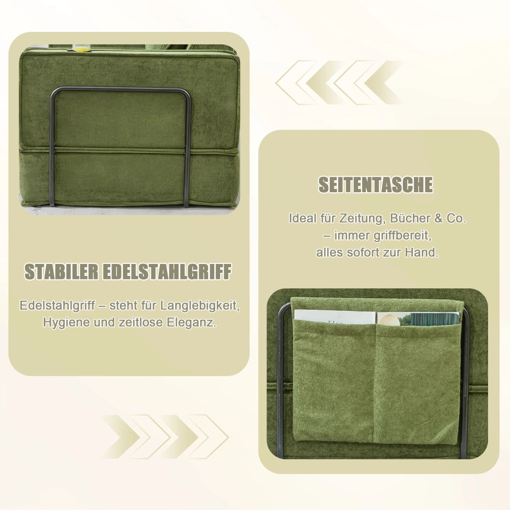 Divano modulare 2 posti - con tasche laterali e cuscini - in chenille verde