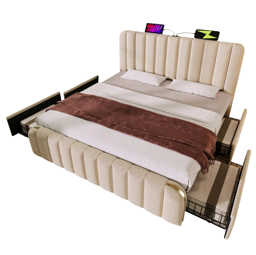 Letto matrimoniale imbottito con testiera USB e 4 cassetti, beige