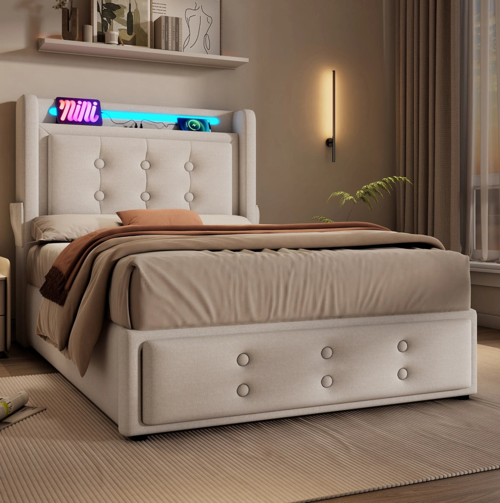 Letto singolo 90x200 cm con contenitore; LED e USB-C; in cotone e lino; beige