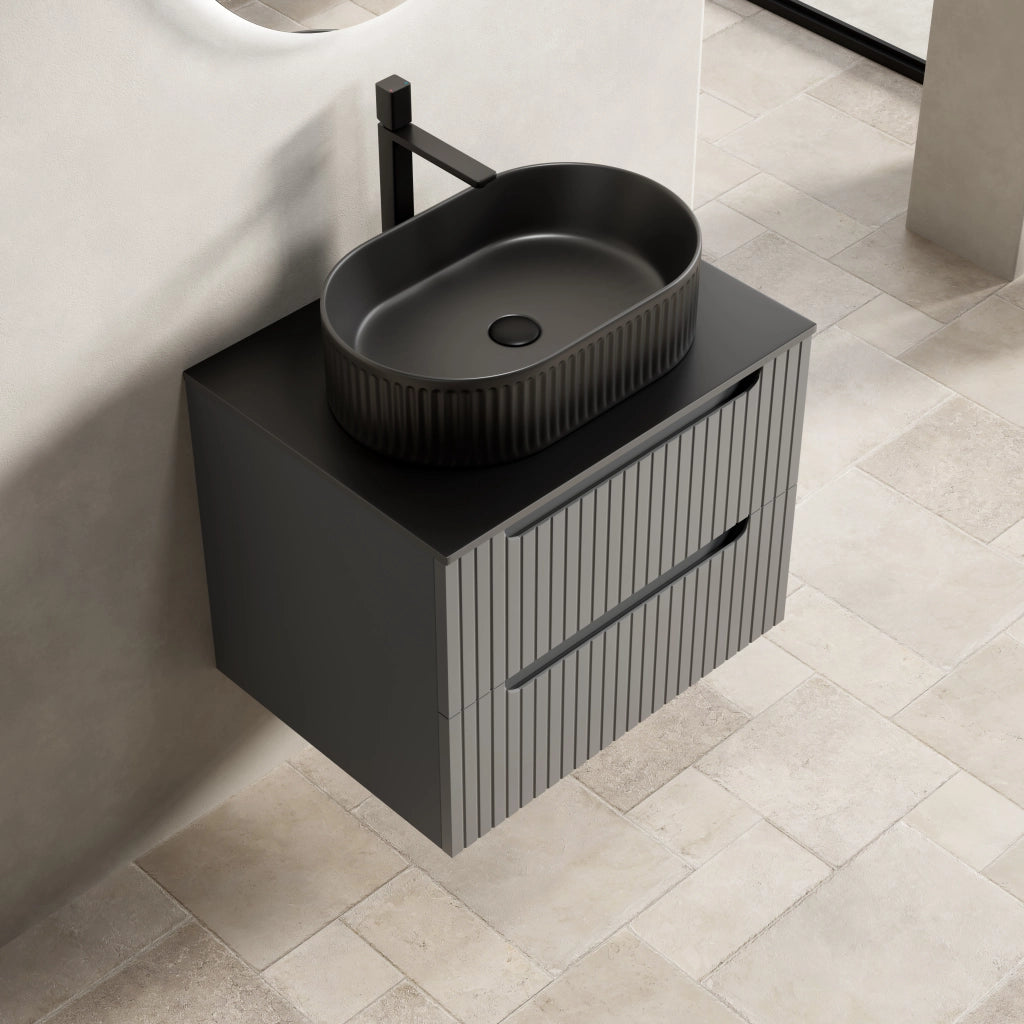 Mobile lavabo sospeso 60 cm, nero con lavandino ovale e piano in pietra sinterizzata, mobile in compensato striato con 2 cassetti, grigio scuro, preassemblato