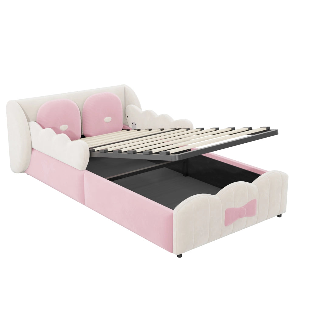 Letto per bambini 90 x 200 cm in velluto con contenitore idraulico; design ad ali; beige e rosa