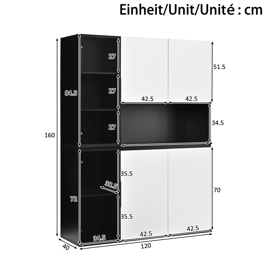 Vetrina alta 120x40x160 cm con LED regolabili in MDF bianco e nero