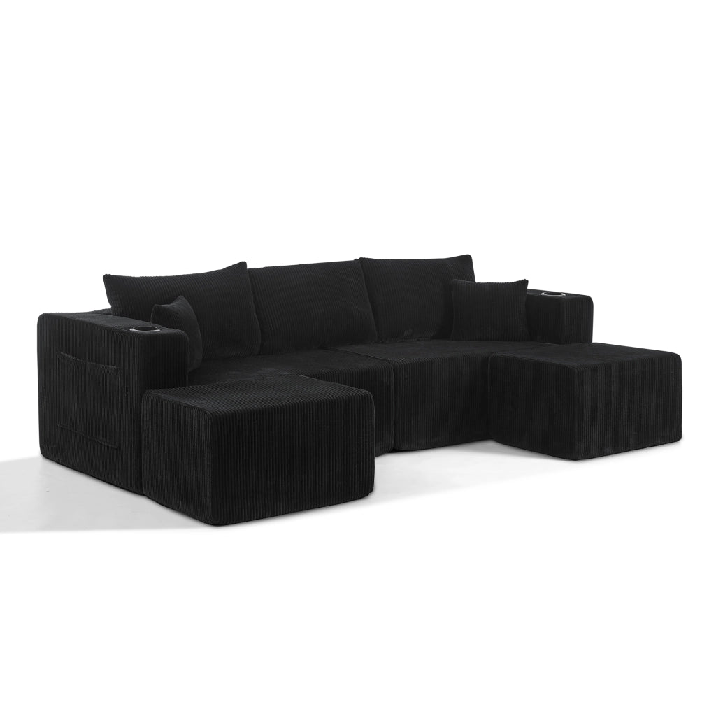 Divano angolare modulare 3 posti con 2 pouf mobili in velluto a coste nero