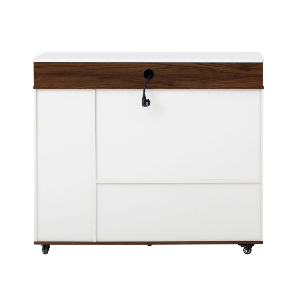 Isola cucina con ruote e tavolo allungabile, mobile con cassetto e prese elettriche, MDF bianco e finiture noce, dimensioni 50,5-187,5×110,5×95,5 cm
